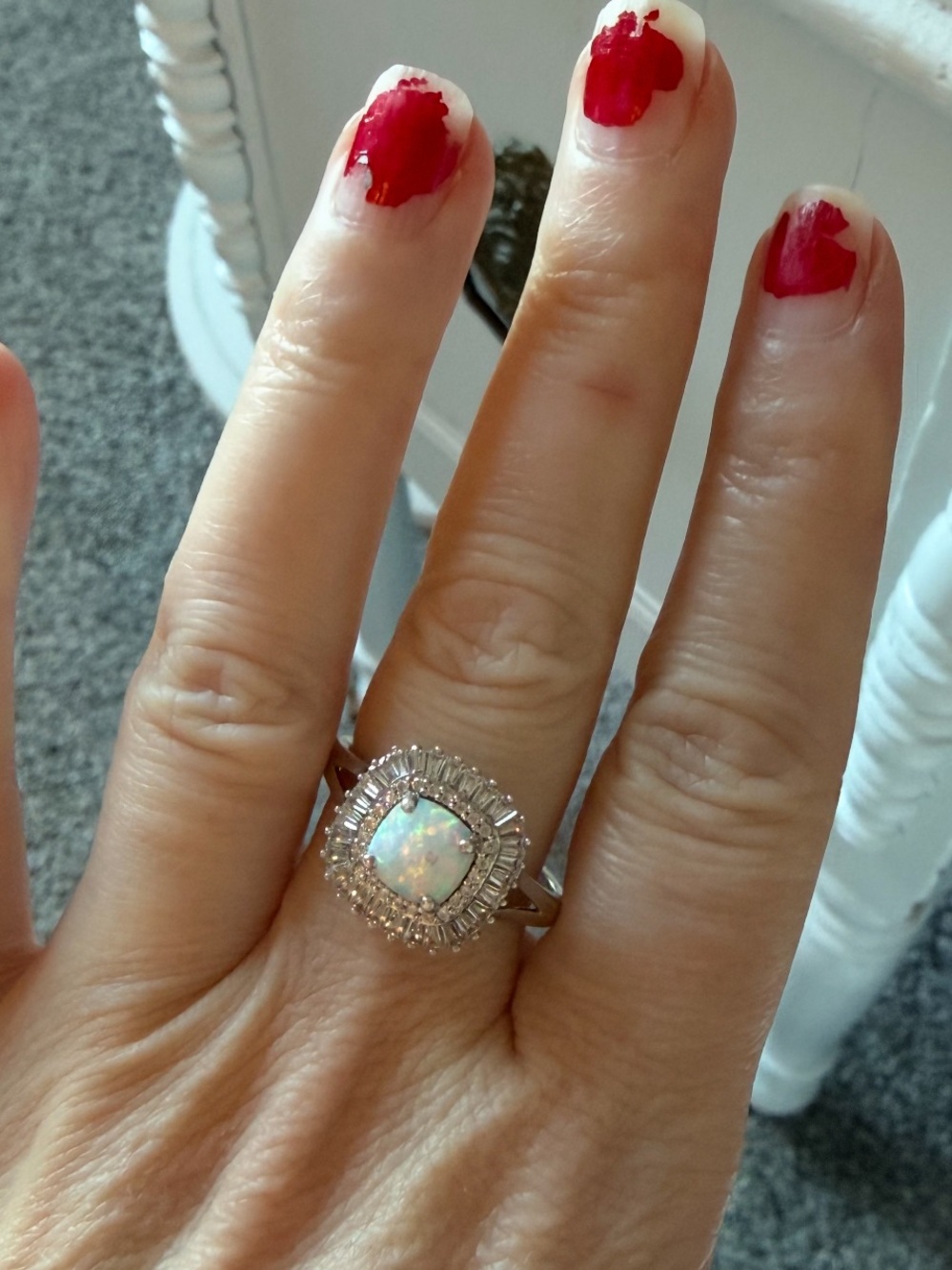 Diamonique Pink-White Opal Halo Ring in Silver Tone